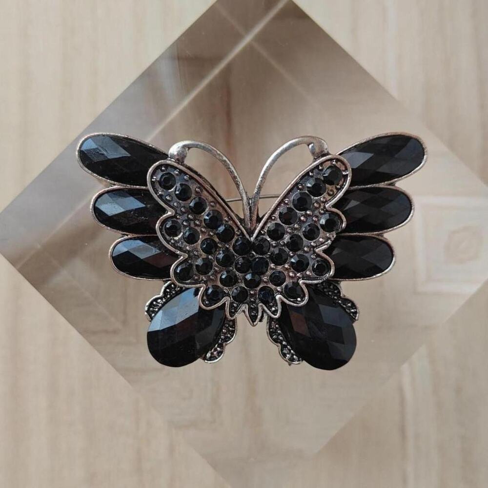 Gothic style black and dark silver layered rhinestone butterfly brooch